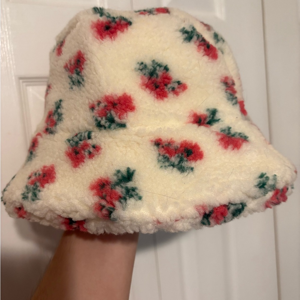 Anthropologie Cream Fleece Hat with Red and Green Floral Design